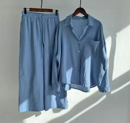 Women’s Linen Shirt and Trouser Set – Relaxed Button-Front Top with Drawstring Wide-Leg Trousers for Summer Wear