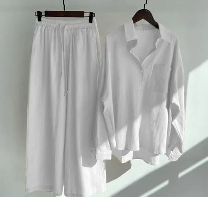 Women’s Linen Shirt and Trouser Set – Relaxed Button-Front Top with Drawstring Wide-Leg Trousers for Summer Wear