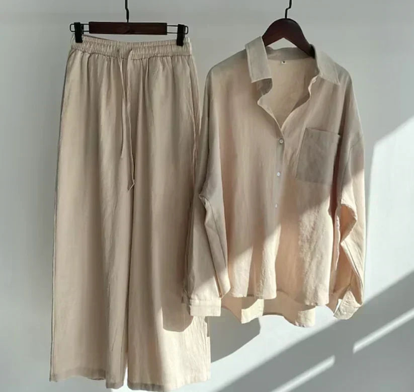 Women’s Linen Shirt and Trouser Set – Relaxed Button-Front Top with Drawstring Wide-Leg Trousers for Summer Wear