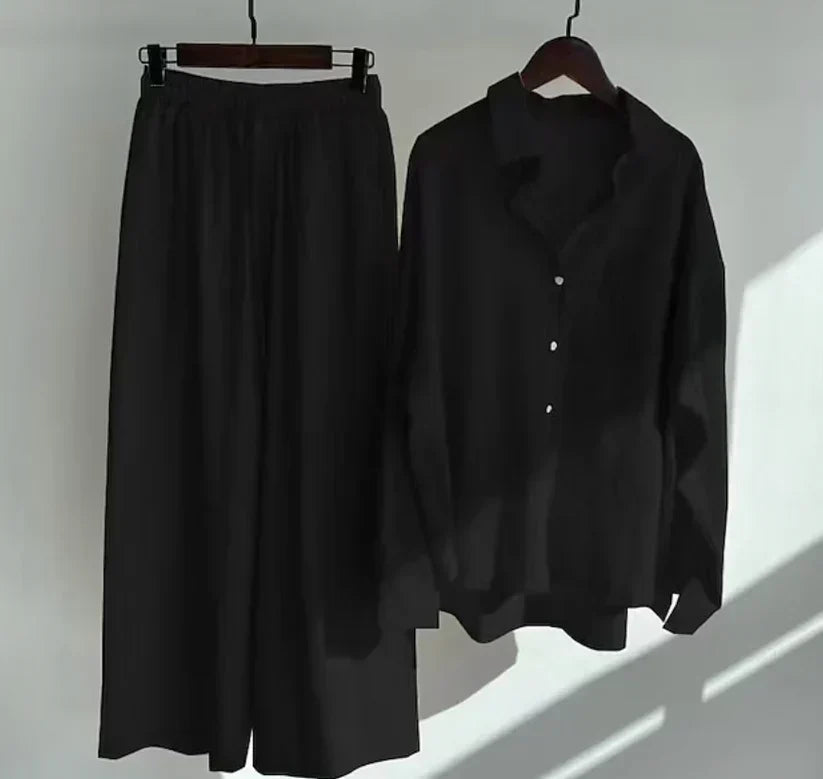 Women’s Linen Shirt and Trouser Set – Relaxed Button-Front Top with Drawstring Wide-Leg Trousers for Summer Wear