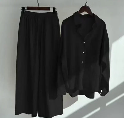 Women’s Linen Shirt and Trouser Set – Relaxed Button-Front Top with Drawstring Wide-Leg Trousers for Summer Wear