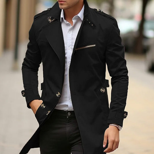 Men’s Military-Inspired Trench Coat – Tailored Mid-Length Layer with Epaulette Details