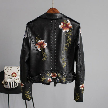 Women’s Black Cropped Jacket – Floral Embroidery with Studs