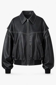 Women’s Oversized Bomber Jacket – Contrast-Stitch Zip Layer for Spring and Autumn