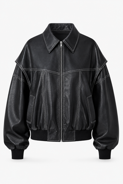 Women’s Oversized Bomber Jacket – Contrast-Stitch Zip Layer for Spring and Autumn