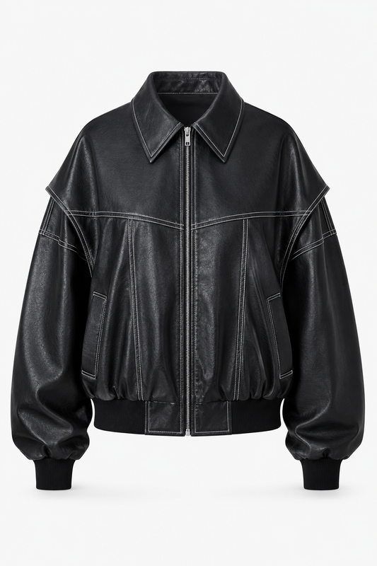 Women’s Oversized Bomber Jacket – Contrast-Stitch Zip Layer for Spring and Autumn