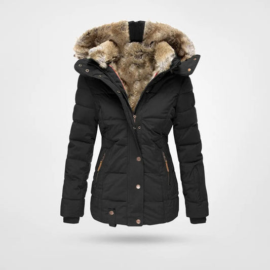 Women’s Insulated Quilted Jacket – Faux Fur Hood for Outdoor Winter Wear