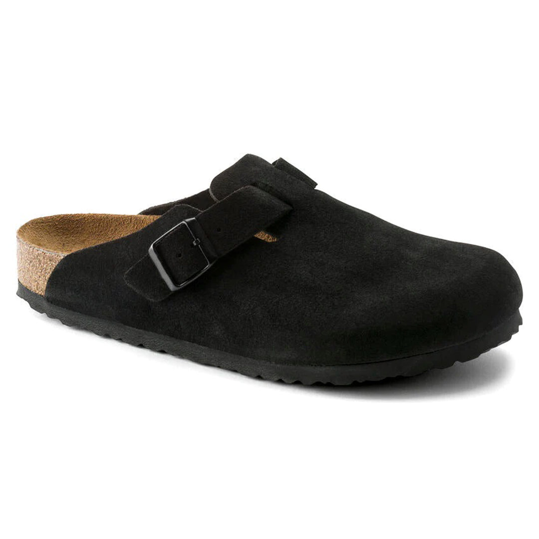 Men’s Adjustable Suede Clogs – Closed-Toe Slip-On Design with Contoured Footbed and Buckle Strap