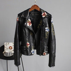 Women’s Black Cropped Jacket – Floral Embroidery with Studs