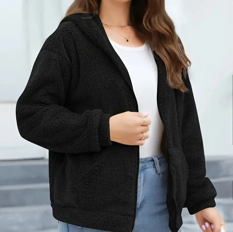 Women’s Hooded Teddy Fleece Zip Jacket – Warm Relaxed Winter Layer for Everyday Casual Wear