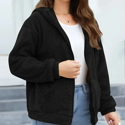 Women’s Hooded Teddy Fleece Zip Jacket – Warm Relaxed Winter Layer for Everyday Casual Wear