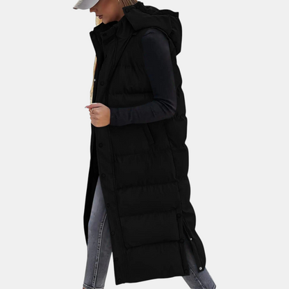 Women’s Longline Quilted Gilet – Hooded Sleeveless Padded Coat