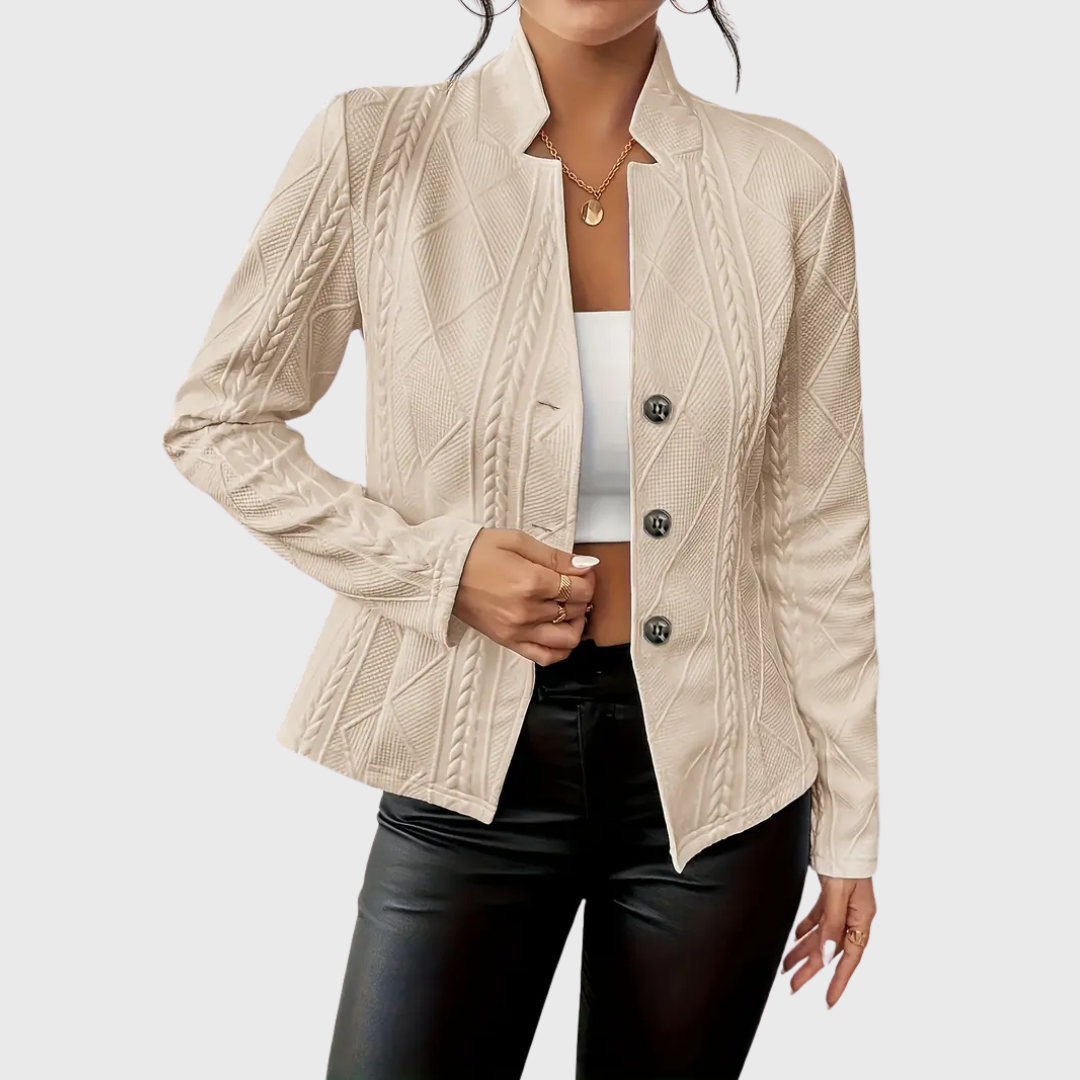 Women’s Cable Knit Blazer – Stand Collar with Full Button Front