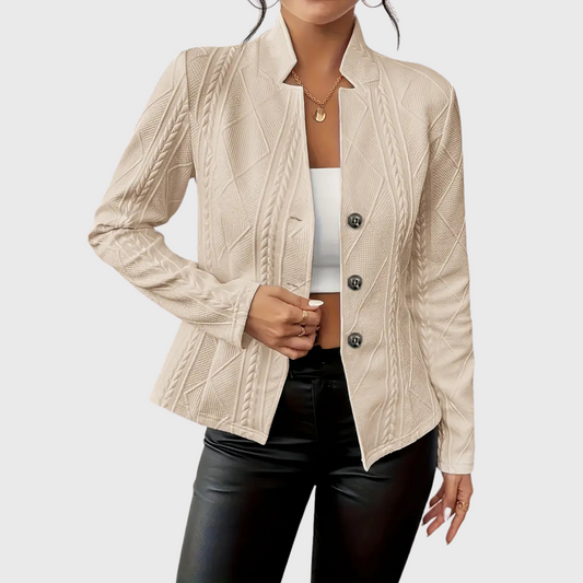 Women’s Cable Knit Blazer – Stand Collar with Full Button Front