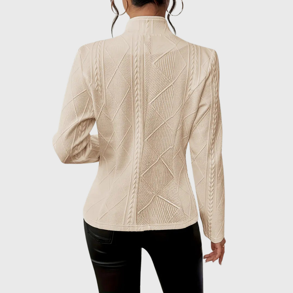 Women’s Cable Knit Blazer – Stand Collar with Full Button Front