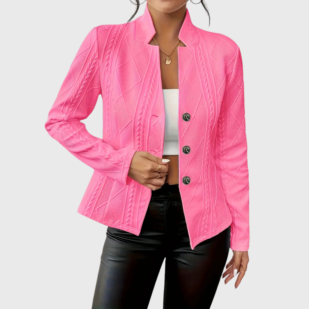 Women’s Cable Knit Blazer – Stand Collar with Full Button Front