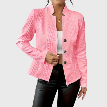 Women’s Cable Knit Blazer – Stand Collar with Full Button Front