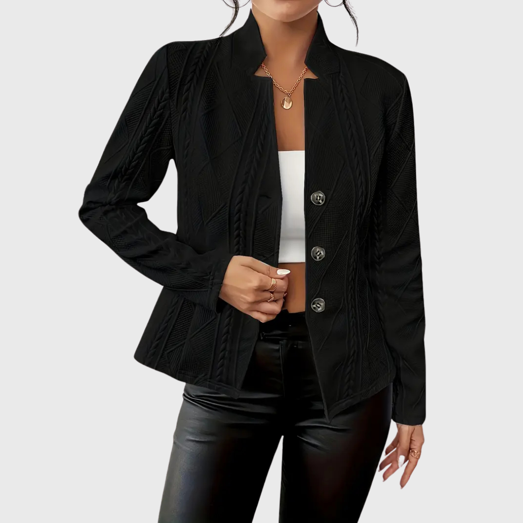Women’s Cable Knit Blazer – Stand Collar with Full Button Front