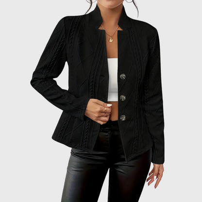 Women’s Cable Knit Blazer – Stand Collar with Full Button Front