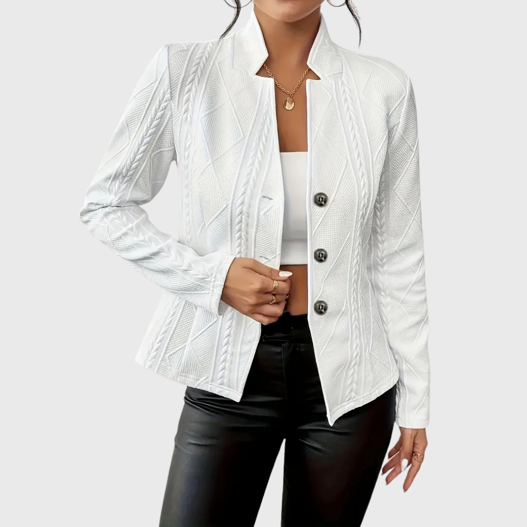 Women’s Cable Knit Blazer – Stand Collar with Full Button Front