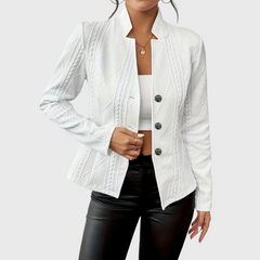 Women’s Cable Knit Blazer – Stand Collar with Full Button Front