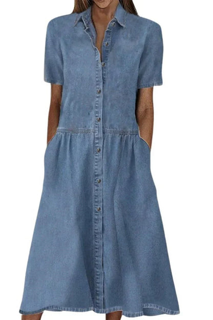 Women’s Button-Front Midi Shirt Dress – Relaxed Short-Sleeve Style with Pockets for Everyday Wear