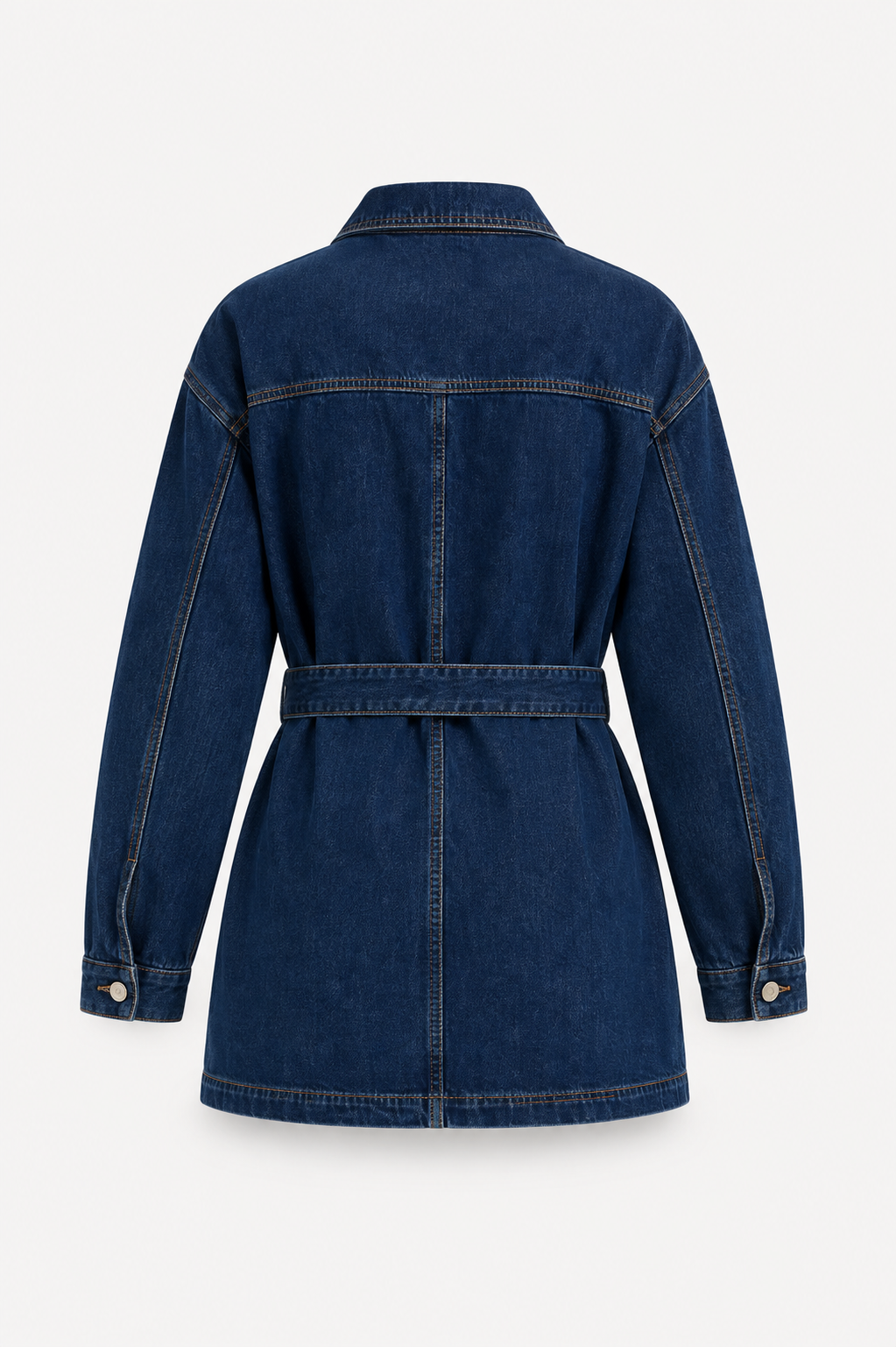 Women’s Belted Denim Utility Jacket – Oversized Shirt-Collar Layer for Spring and Autumn