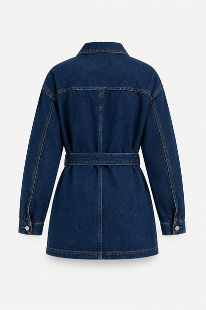 Women’s Belted Denim Utility Jacket – Oversized Shirt-Collar Layer for Spring and Autumn