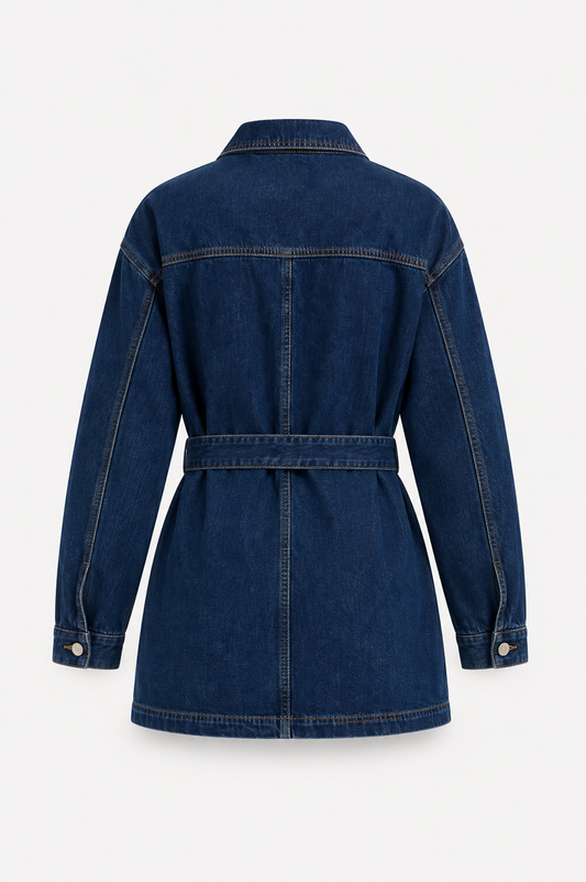 Women’s Belted Denim Utility Jacket – Oversized Shirt-Collar Layer for Spring and Autumn