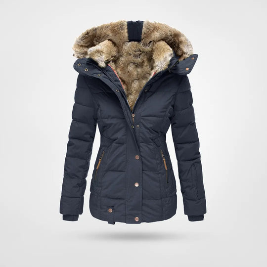 Women’s Insulated Quilted Jacket – Faux Fur Hood for Outdoor Winter Wear