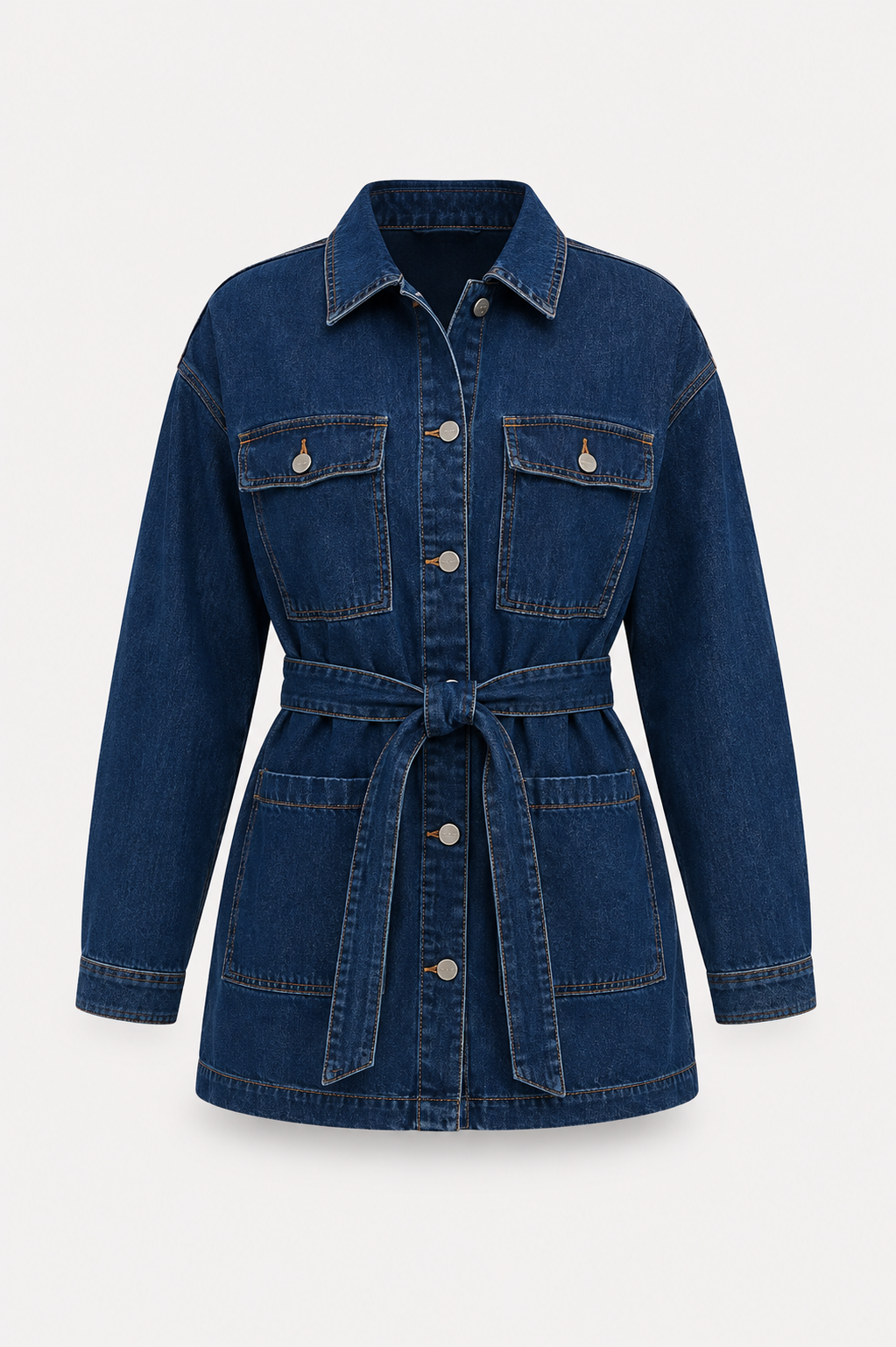 Women’s Belted Denim Utility Jacket – Oversized Shirt-Collar Layer for Spring and Autumn