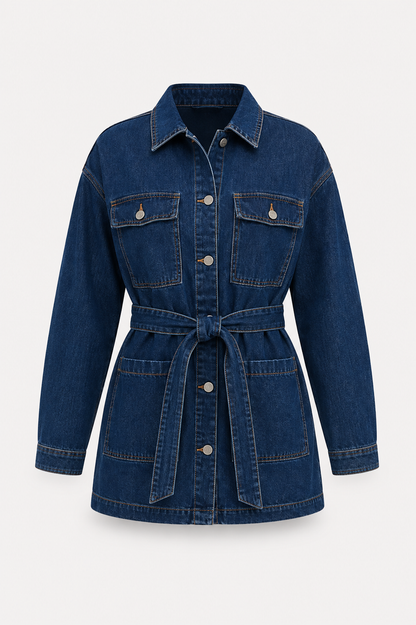 Women’s Belted Denim Utility Jacket – Oversized Shirt-Collar Layer for Spring and Autumn