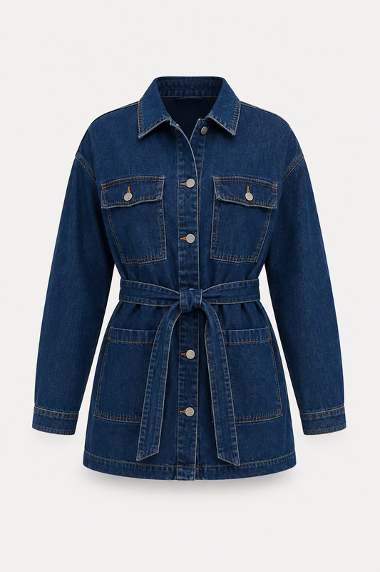 Women’s Belted Denim Utility Jacket – Oversized Shirt-Collar Layer for Spring and Autumn