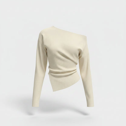 Women’s Off-Shoulder Draped Top – Asymmetric Long Sleeve Statement Blouse for Day to Evening Wear