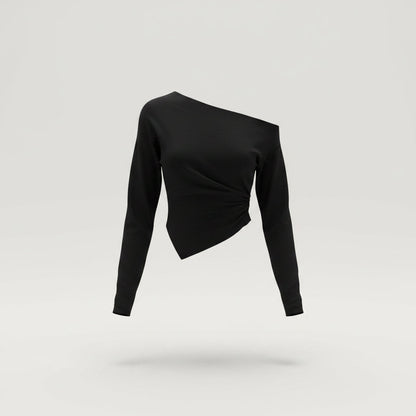Women’s Off-Shoulder Draped Top – Asymmetric Long Sleeve Statement Blouse for Day to Evening Wear