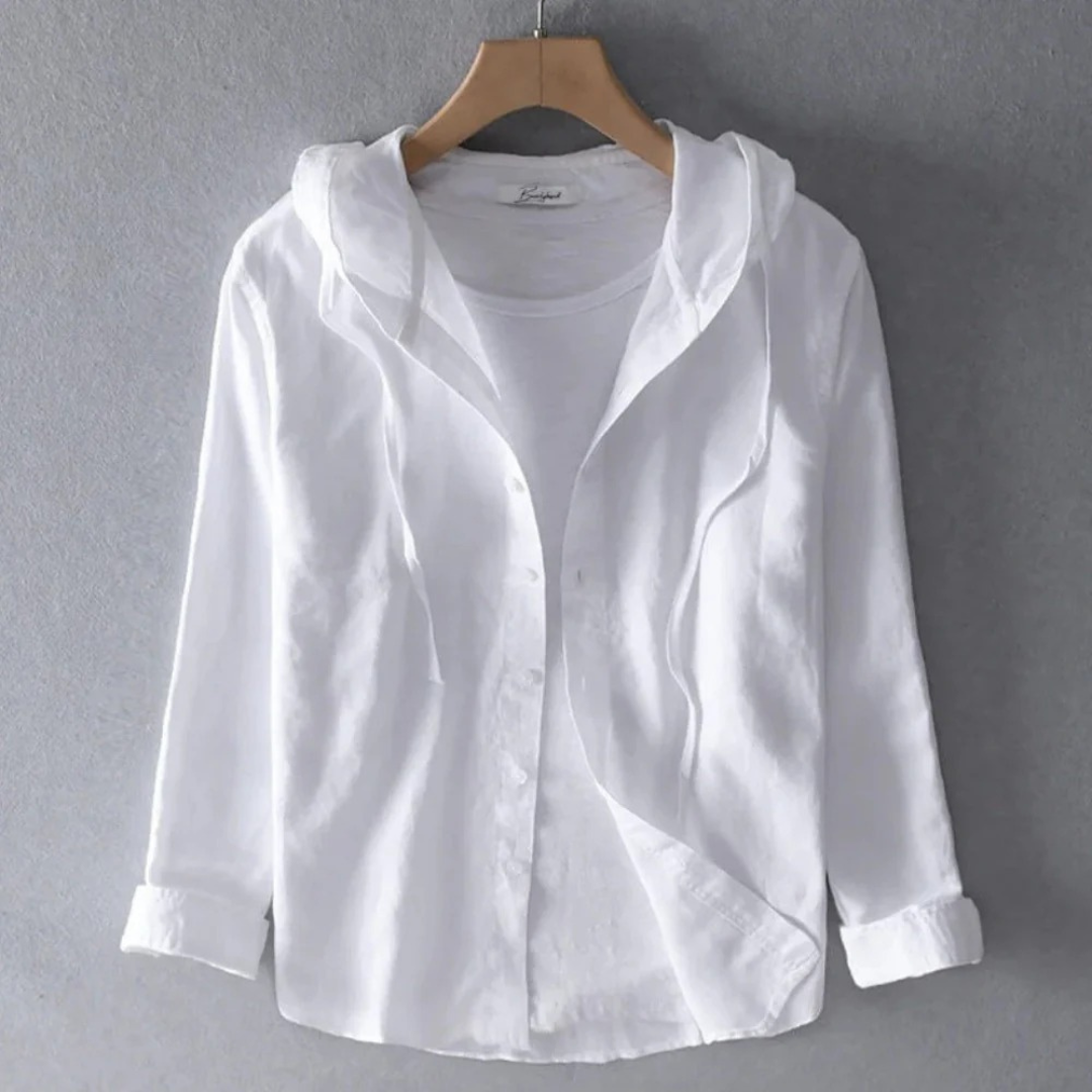 Women’s Relaxed Linen Hooded Blouse – Lightweight Button-Up Layer for Spring and Summer Wear