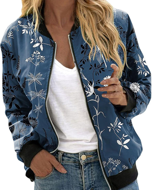 Women’s Bomber Jacket – Ribbed Stand Collar with Full Zip