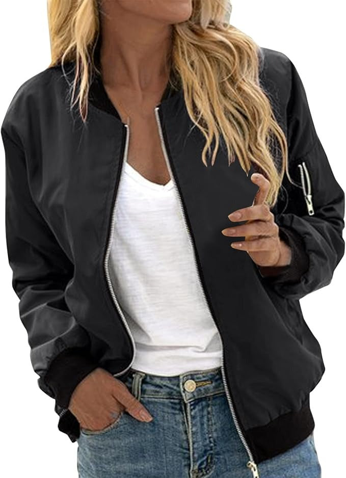 Women’s Bomber Jacket – Ribbed Stand Collar with Full Zip