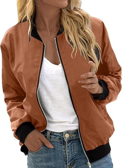 Women’s Bomber Jacket – Ribbed Stand Collar with Full Zip