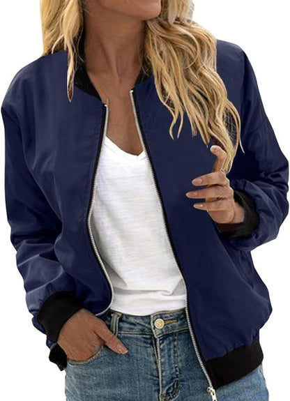 Women’s Bomber Jacket – Ribbed Stand Collar with Full Zip