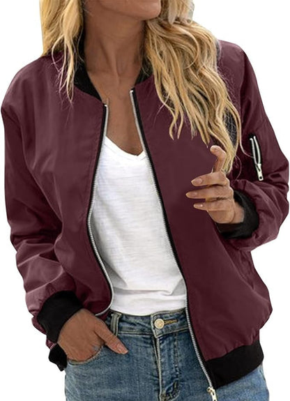Women’s Bomber Jacket – Ribbed Stand Collar with Full Zip