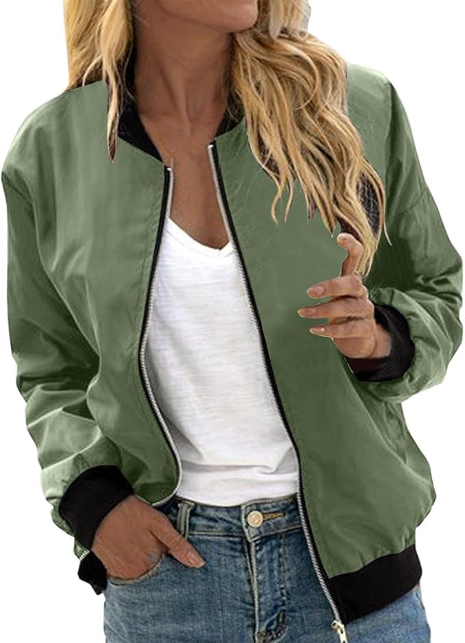 Women’s Bomber Jacket – Ribbed Stand Collar with Full Zip