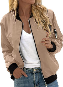 Women’s Bomber Jacket – Ribbed Stand Collar with Full Zip