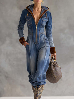 Women’s Hooded Denim Jumpsuit – Zip-Front Utility One-Piece for Casual Streetwear