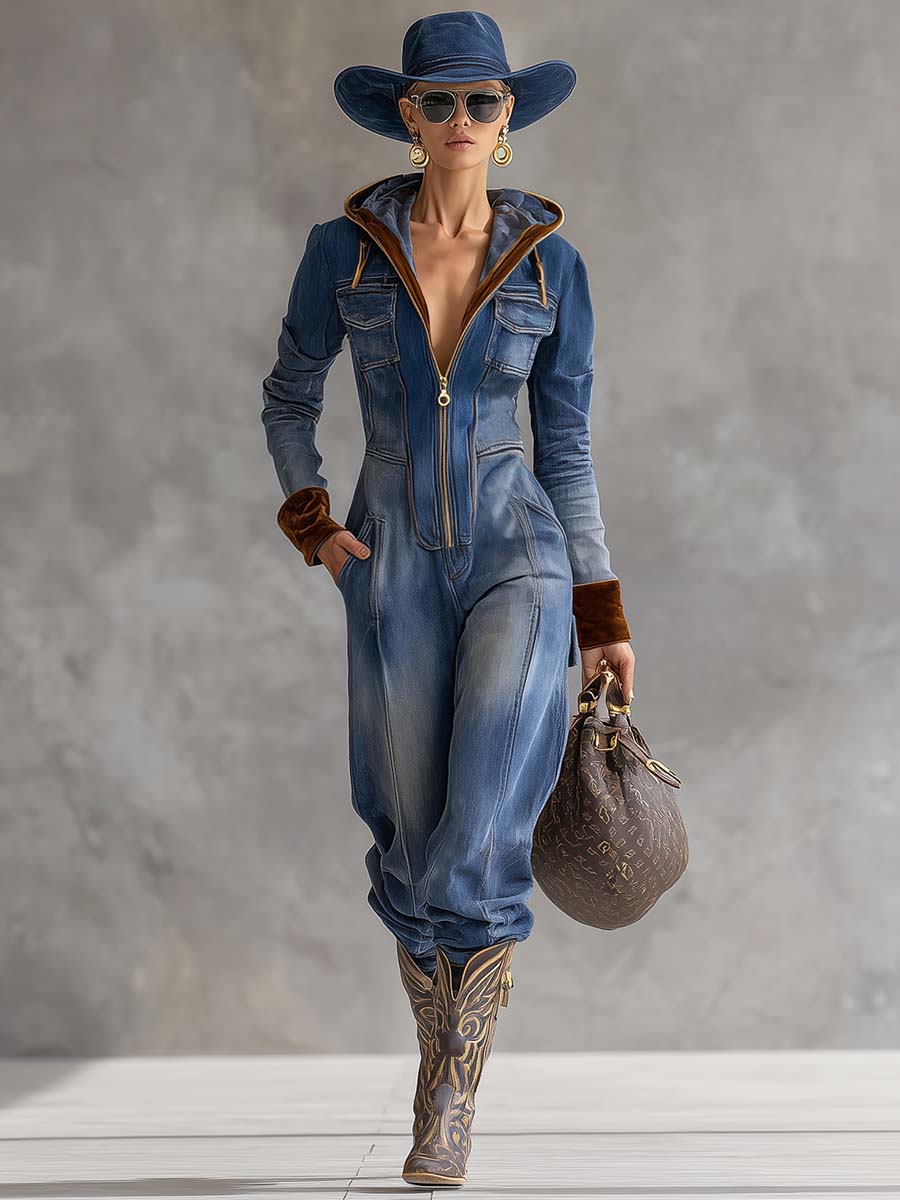 Women’s Hooded Denim Jumpsuit – Zip-Front Utility One-Piece for Casual Streetwear
