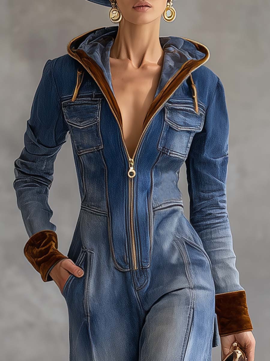 Women’s Hooded Denim Jumpsuit – Zip-Front Utility One-Piece for Casual Streetwear