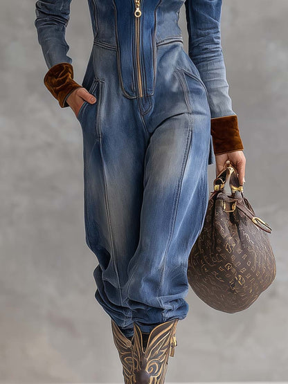 Women’s Hooded Denim Jumpsuit – Zip-Front Utility One-Piece for Casual Streetwear
