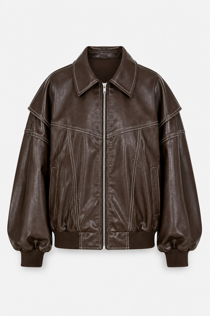 Women’s Oversized Bomber Jacket – Contrast-Stitch Zip Layer for Spring and Autumn