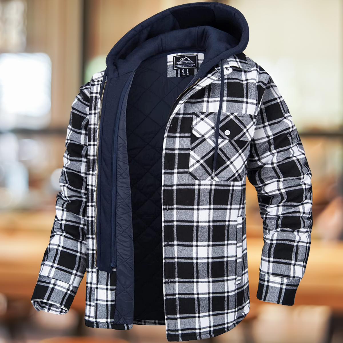 Men’s Hooded Plaid Shirt Jacket – Quilted-Lined Winter Shacket with Chest Pockets for Casual Cold-Weather Layering
