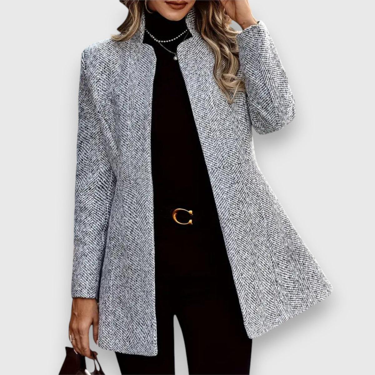 Women’s Longline Blazer – Open-Front Textured Blazer with Stand Collar